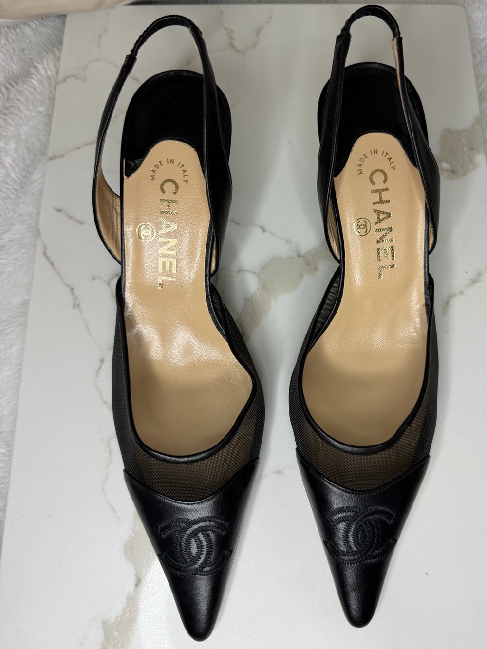 CHANEL Black Leather and Mesh Slingback Pointed Pumps
